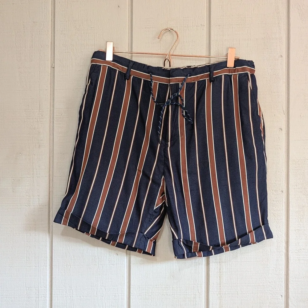 Scotch & Soda Mens Striped Drawstring Shorts Navy Brown 34 Cuffed Old Money‎